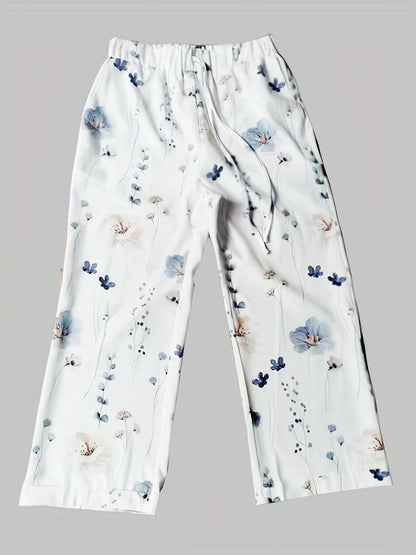 Floral Print Drawstring Straight Leg Pants, Casual Dual Pockets Pants For All Season, Women's Clothing