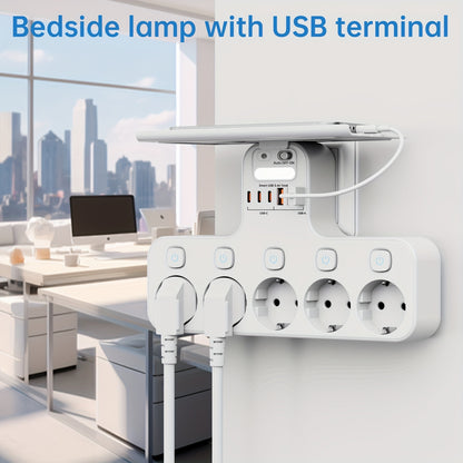 11-in-1 5 Independent Switch Power Socket EU Standard Plug Wall Socket 6 USB (3 Type-C) Solve Your Power Not Enough Trouble Independent Control Smart Sensor Night Light Can Install Mobile Phone Baffle Bracket