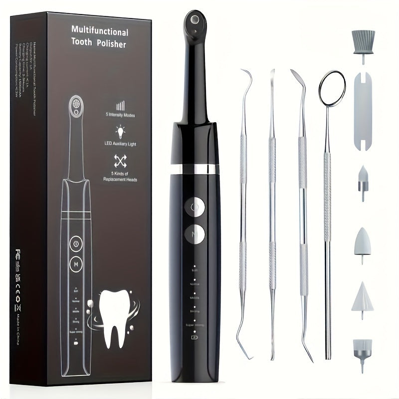 Tooth Polisher, Plaque Remover For Teeth Whitening Dental Tools Electric Tartar Polishing Teeth Cleaning Kit With LED Light 5 Speed Modes With 5 Replacement Brush Heads