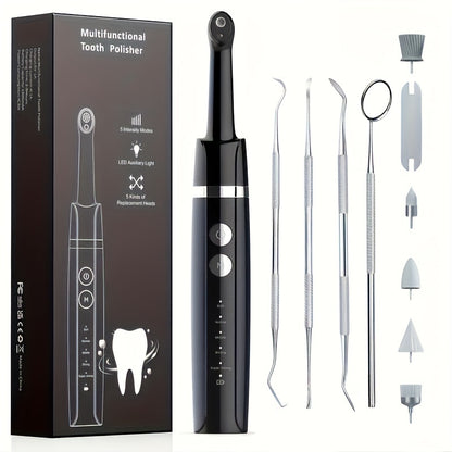 Tooth Polisher, Plaque Remover For Teeth Whitening Dental Tools Electric Tartar Polishing Teeth Cleaning Kit With LED Light 5 Speed Modes With 5 Replacement Brush Heads