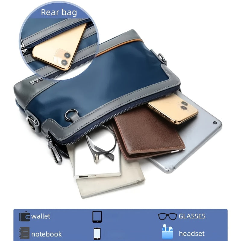 Men's Luxury Multi-Functional Handbag & Wallet in One - Dark Navy Blue/Black with Golden-Tone Hardware, Soft Silky Texture, Golden-Tone Hardware, Zipper Closure & Detachable Strap - Travel, Commute, Formal & Everyday Use - Id