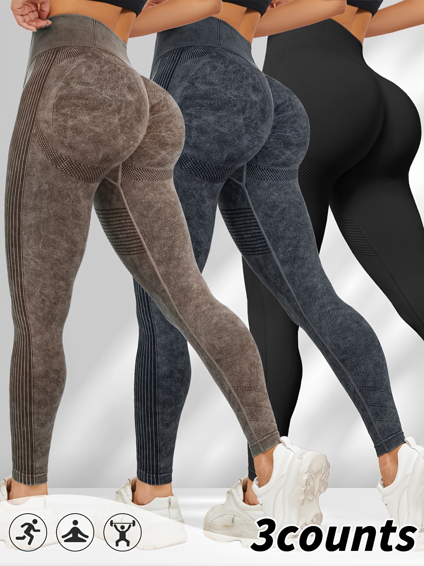 Women'S 3pcs High-Waisted Yoga Pants with Textured Surface, Stretchy & Comfortable - Beige, Black, Gray - Perfect for Fitness, Workouts & All-Season Wear, Workout Leggings | Minimalist Design | Stretchy Fabric