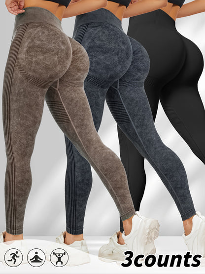 Women'S 3pcs High-Waisted Yoga Pants with Textured Surface, Stretchy & Comfortable - Beige, Black, Gray - Perfect for Fitness, Workouts & All-Season Wear, Workout Leggings | Minimalist Design | Stretchy Fabric