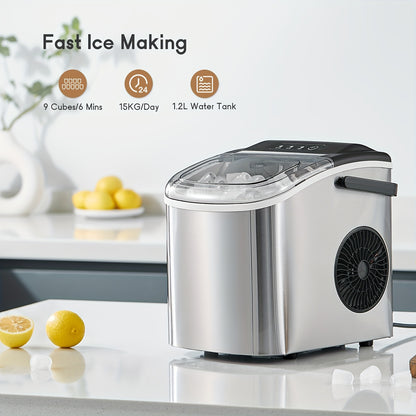 Máquina de gelo portátil, para bancada, produz 9 cubos de gelo em 6 minutos, 12 kg em 24 horas, inclui pá e cesto para gelo, ideal para casa, cozinha ou escritório, em aço inoxidável.