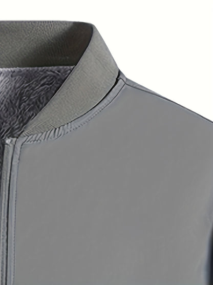 Men's Winter Insulated Full-Zip Jacket with Fleece Lining - Grey Casual Baseball Collar Coat, Zippered Pockets & Polyester Shell for Cold Weather, Outdoor & Everyday Use - Hand Washable (No Dry Clean)