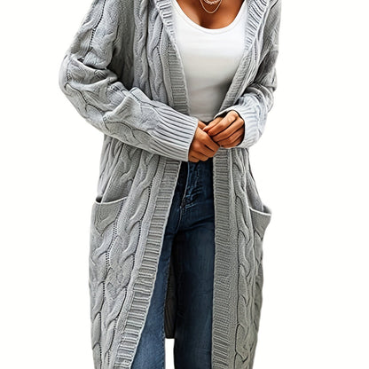 Women's Mid-Length Hooded Cardigan - Soft Stretchy Solid Color Long Sleeve Open Front Sweater with Pockets, Machine Washable Casual Elegance for Fall Winter, Everyday Comfort Wear, Stylish Hooded Design, Comfortable Fit