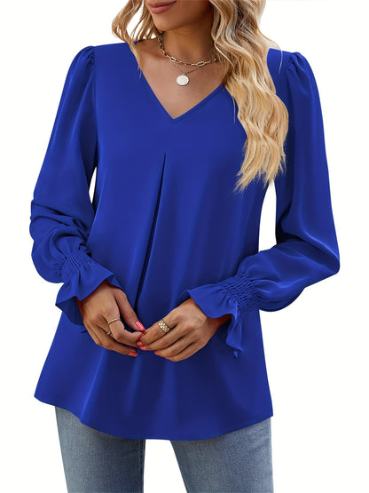 Solid V Neck Simple Blouse, Elegant Long Sleeve Ruched Blouse, Women's Clothing
