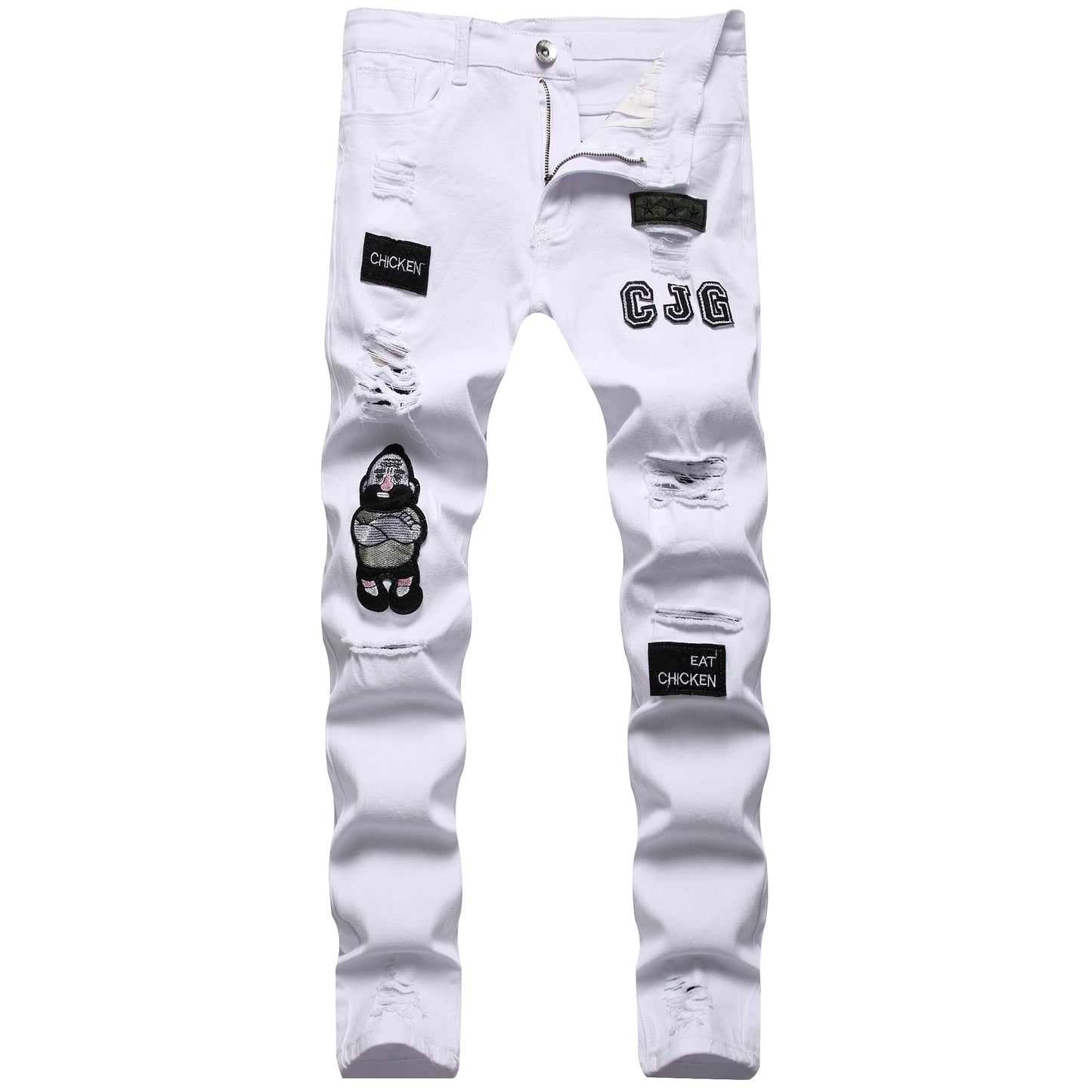 Men Fashion White Ripped Distressed Destroyed Washed Denim Jeans Ripped Slim Fit Wild Jeans White Denim Pants