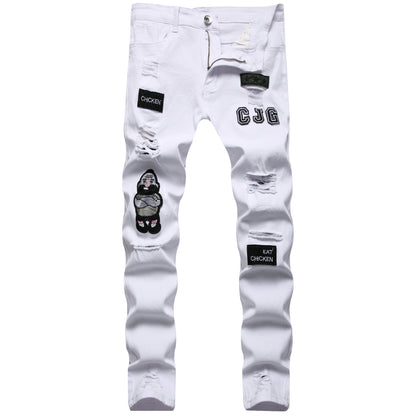 Men Fashion White Ripped Distressed Destroyed Washed Denim Jeans Ripped Slim Fit Wild Jeans White Denim Pants