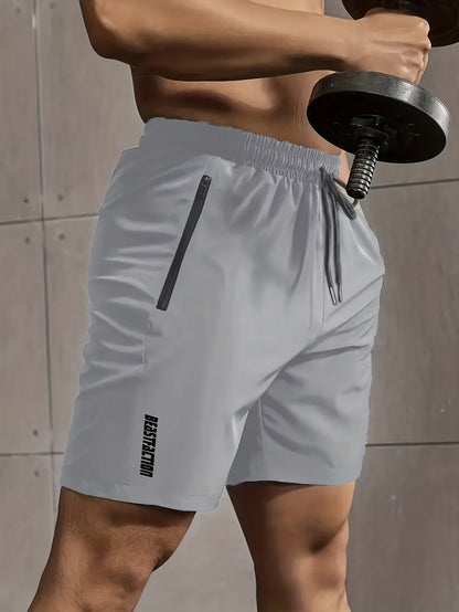 A Pair of Men'S Casual And Minimalist Style Comfortable Shorts, Featuring Letter Print Pockets And Drawstrings, Suitable for Summer Outdoor Fitness Wear, Quick-Drying Comfortable Shorts with Slightly Stretchy Elastic Waistban