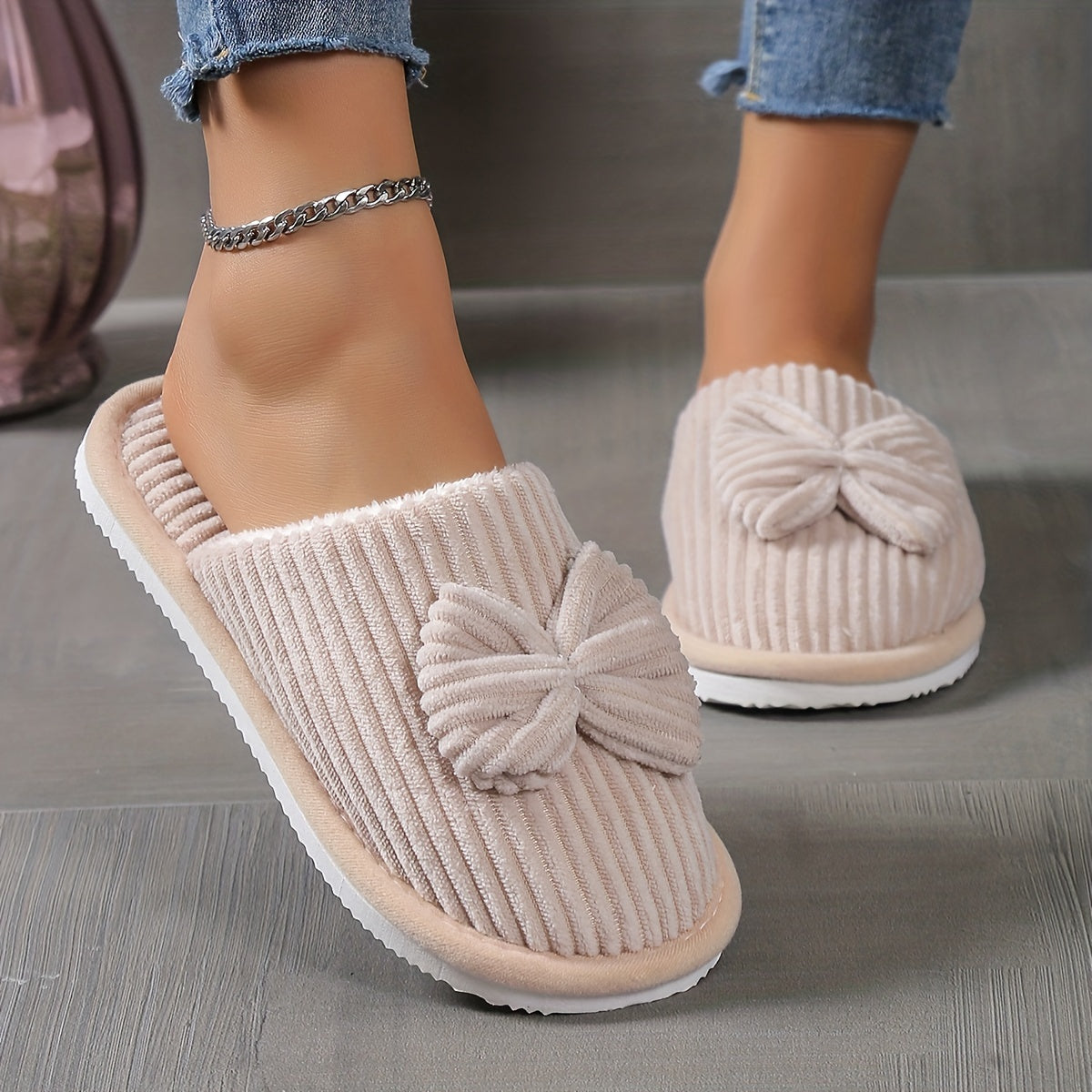 Cute Bowknot Soft Sole Fuzzy Slippers, Winter Cozy & Warm Slip On Plush Shoes, Comfy Closed Toe Home Slippers