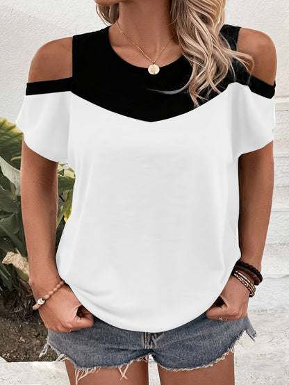 9068# Women's Plus Size Off-Shoulder Round Neck T-Shirt - Color Block Striped Summer Top, Breathable Machine-Washable Casual Elegant Tee, Ladies T Shirts, Easycare Clothing, Nontransparent Fabric, Relaxed Fit, Stylish Blouse,