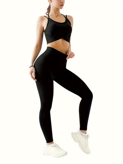 2pcs Solid Color Workout Sets, Backless Sports Bra & Wide Waistband Hip Lift Running Leggings, Women's Activewear