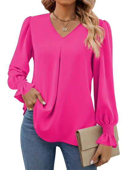 Solid V Neck Simple Blouse, Elegant Long Sleeve Ruched Blouse, Women's Clothing