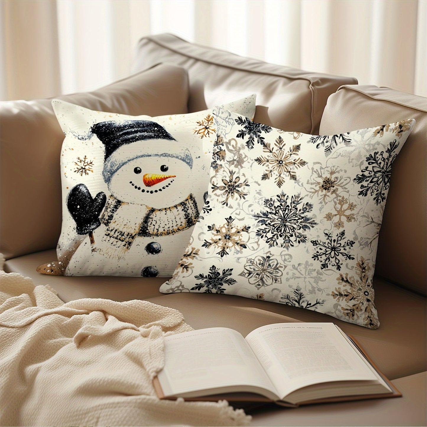 Set of 4 Christmas Throw Pillow Covers - Contemporary Style, 45.72x45.72 cm, Zipper Closure, Machine Washable, Polyester Decorative Pillowcases for Living Room, Holiday Snowman & Tree Design, Woven Fabric, Pillow Insert Not I