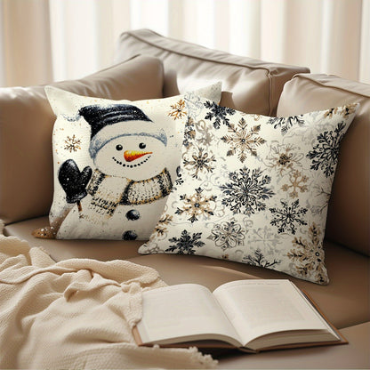 Set of 4 Christmas Throw Pillow Covers - Contemporary Style, 45.72x45.72 cm, Zipper Closure, Machine Washable, Polyester Decorative Pillowcases for Living Room, Holiday Snowman & Tree Design, Woven Fabric, Pillow Insert Not I