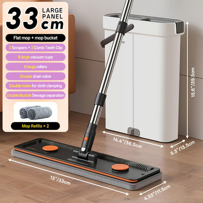 Large Flat Mop And Bucket Set with Wringer, Hands Free Commercial Floor Mop And Bucket for Deep Cleaning, Wet And Dry Use, Wash&Dry Dual Tank, with 2 Reusable Microfiber Pads, Space-Saving Design for Hardwood, Tile, Laminate