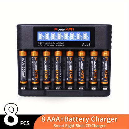 Set (battery + charger), PowerKAN 1.2V NiMH rechargeable AA & AAA Battery + ALL8 charger, high quality battery rechargeable discharge cycle, 800mAh AAx8 & 300mAh AAAx8 combination, with 5V 2A USB fast charging LCD charger