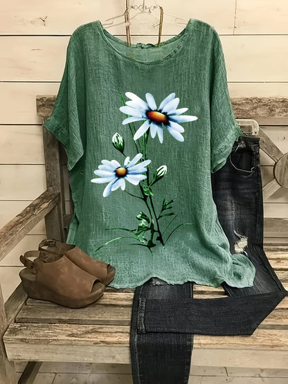 Floral Print Crew Neck Blouse, Casual Short Sleeve Blouse For Spring & Summer, Women's Clothing