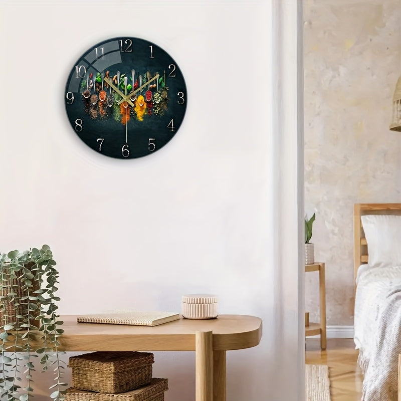12-Inch Silent Glass Wall Clock with Vibrant Spice Design - Thick Reinforced Glass, Battery-Powered (AA), Modern Kitchen & Bedroom Decor, Perfect Gift for Christmas, Halloween, Birthdays, and More, Kitchen Wall Decor | Vibran