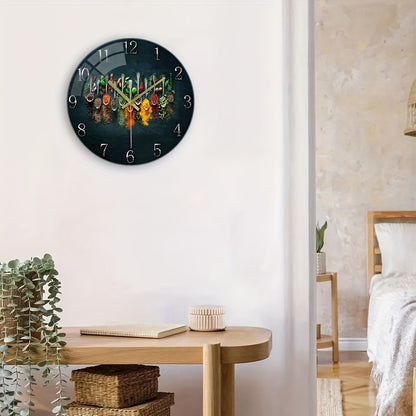 12-Inch Silent Glass Wall Clock with Vibrant Spice Design - Thick Reinforced Glass, Battery-Powered (AA), Modern Kitchen & Bedroom Decor, Perfect Gift for Christmas, Halloween, Birthdays, and More, Kitchen Wall Decor | Vibran