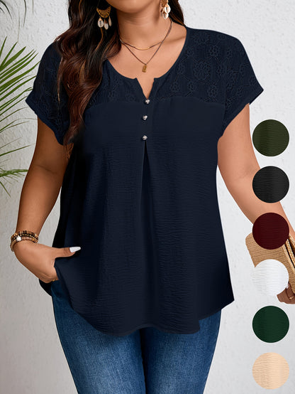 Women'S Plus Size Casual Top - Elegant Maroon Blouse with Contrast Lace Detail, Non-Stretch Fabric, Perfect for Spring/Summer/Fall, Plus Size Blouses