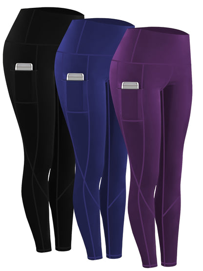 3pcs Set Women'S Plus Size Daily Sports Yoga Leggings, Geometric Pattern, High Stretch Spandex, Breathable, with Two Side Pockets, for Running, Workout