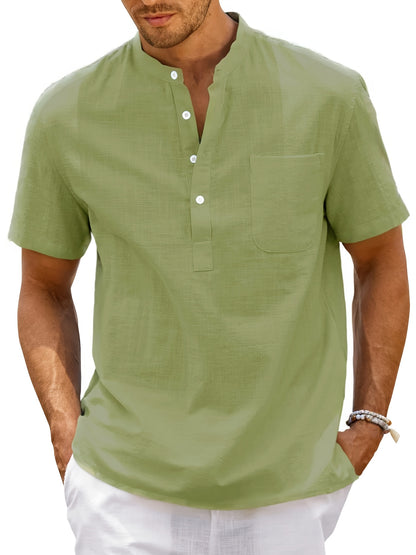 Men's Shirt Top, Solid Band Collar Short Sleeve Closure Summer Male Casual Henley Shirt For Daily Business Formal Shirts For Men