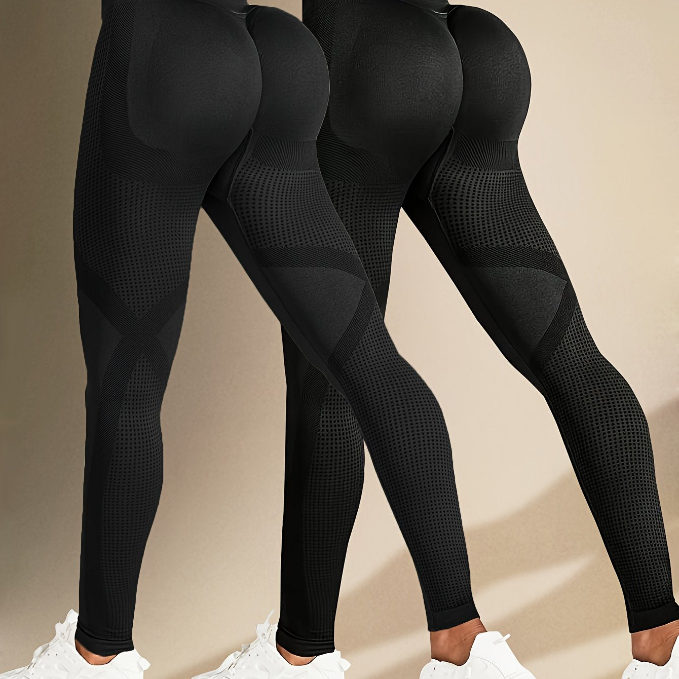 Two Solid Color High-Elasticity Fitness Yoga Leggings - Abdominal Control, Pleated, Elastic Waistband, Long Length, Made of Polyamide And Elastic Materials - Suitable for Women'S Activewear, Exercise, And All Seasons.