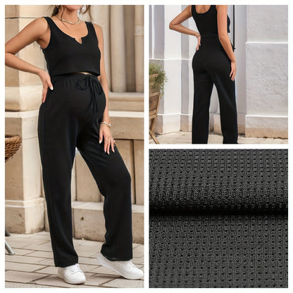 2pcs Pregnant Women's Casual Set, Comfy Sleeveless Shirt & High Waist Tummy Support Drawstring Maternity Pants For Outdoor