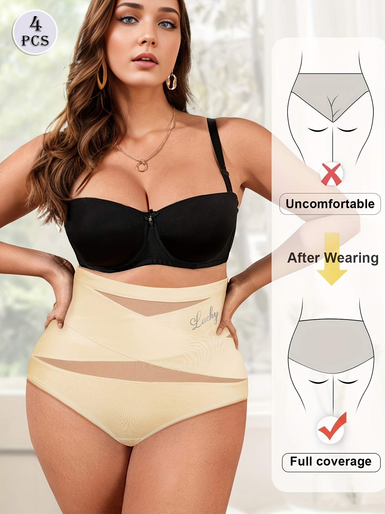 Conjunto de 4 cuecas modeladoras plus size de cintura subida com controlo abdominal, em malha respirável, sem costuras e com detalhe cruzado.