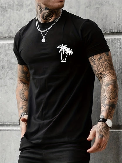 Sketch Style Palm Tree Pattern Top Casual Mid Stretch Short Sleeve Crew Neck Graphic T-shirt, Men's Tee For Summer Outdoor