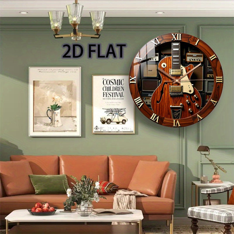 12-Inch Silent Quartz Wall Clock with Electric Guitar Design – Brown Wood Texture, Metal Components, Battery Operated (AA Not Included) – Perfect for Bedroom, Kitchen, Study, or Garage Decor, Clock Wall Decor