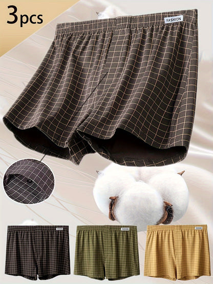 3pcs Men'S Loose Fit Plaid Boxer Briefs - 95% Mid-Rise Athletic Shorts with Elastic Waistband, Breathable & Comfortable for Casual Attire, Black/White/Beige/White/Gray/Beige, Everyday Comfort Shorts | Relaxed Fit Shorts | Med