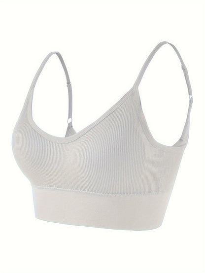 Solid Ribbed Sports Bra, Comfy & Breathable Workout Fitness Intimates Bra, Women's Lingerie & Underwear