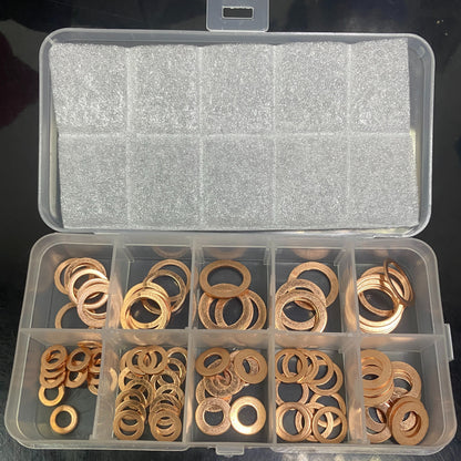 100pcs Copper Washer Gasket Nut And Bolt Set, Flat Ring Seal Assortment Kit With Box,/M5/M6//M8/M10/M12/M14 For Sump Plugs