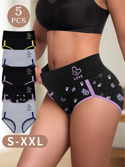 5pcs Women'S High-Waisted Shapewear Briefs - Comfortable Two-Tone Design with "LOVE" Heart & Paw Print Patterns, Breathable Polyester Blend, Sizes S-XXL, Cute Underwear, Highwaisted Underwear, Elegant Underwear, Comfortable F