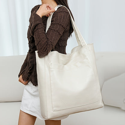 Women's Faux Leather Tote Bag with Magnetic Closure, Fixed Shoulder Straps, Solid Color, Polyester Lined, Edge Paint Detail, Suitable for Various Occasions
