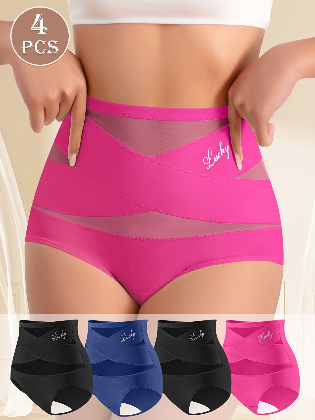 4pcs MEIYATING Women's High-Waist Briefs - Tummy Control Breathable Mesh Underwear, Elegant Solid Color Panties (Pink/Blue/Black/White) - Soft Polyester, Hand Wash Only, Tummy Control Underwear, Everyday Comfort, Crossover Fr