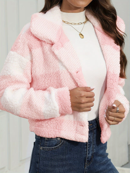 Plaid Teddy Coat, Casual Button Front Long Sleeve Winter Warm Outerwear, Women's Clothing