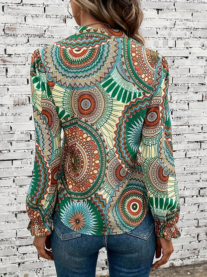 Mandala Print Notched Neck Blouse, Vintage Long Sleeve Blouse For Spring & Fall, Women's Clothing