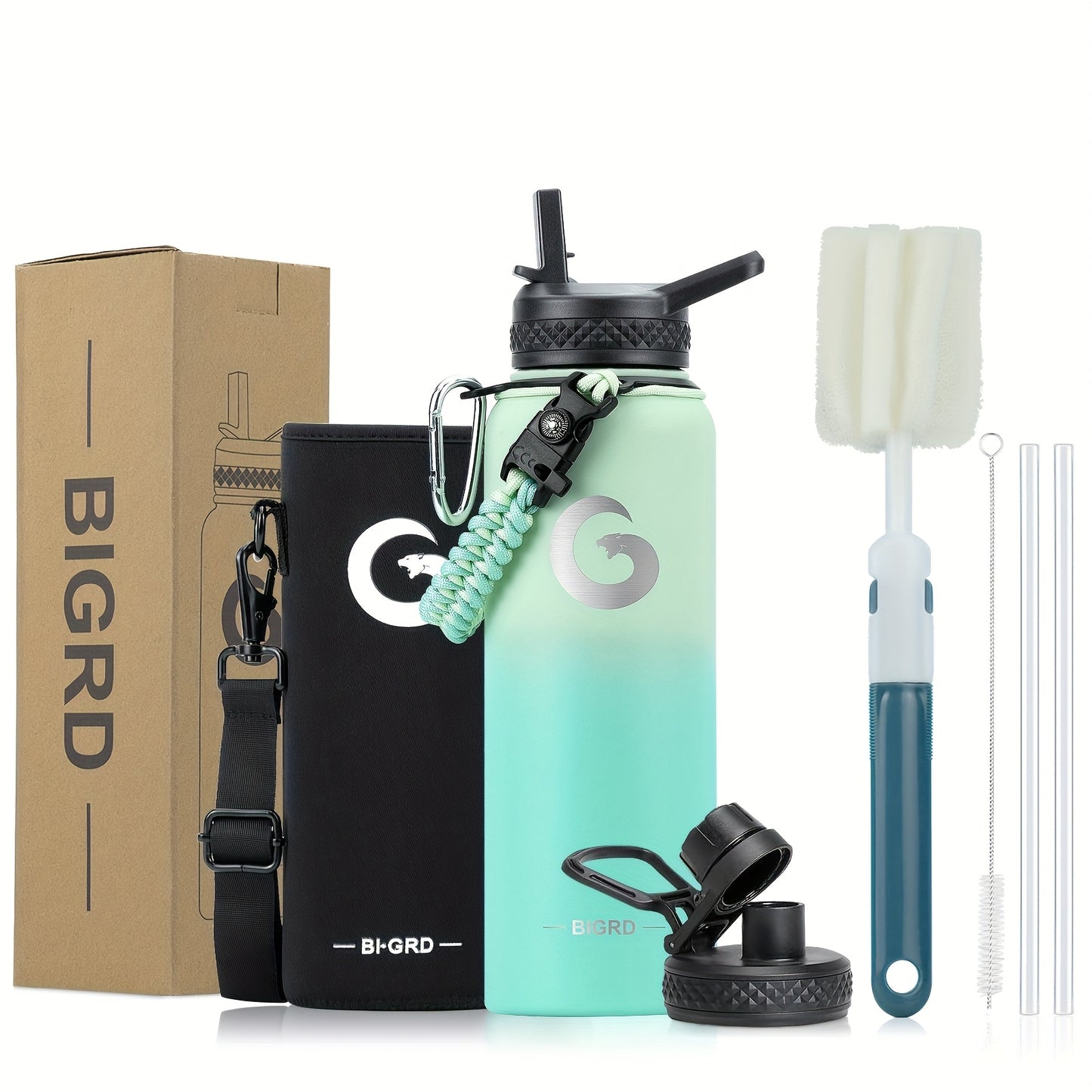 1pc BIGRD 40Oz 64Oz Insulated Water Bottle 304 Stainless Steel Spray Coating Dishwasher Safe, with 2 Lids, Sling Cup Sleeve, Hand-Held Braided Rope, Cup Brush, 2 Straws And Straw Brush, Color Box Packaging