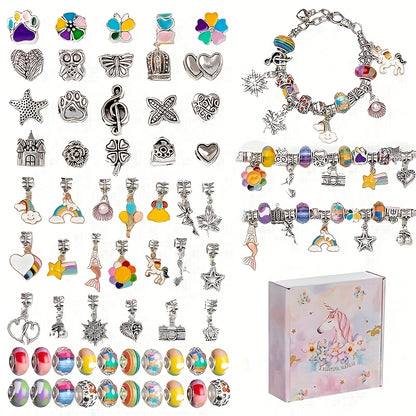 Kit de pulseiras DIY com 67 peças, incluindo 60 charms, 3 pulseiras e 3 colares. Ideal para presentes de aniversário, Natal, Ano Novo e Dia dos Namorados.