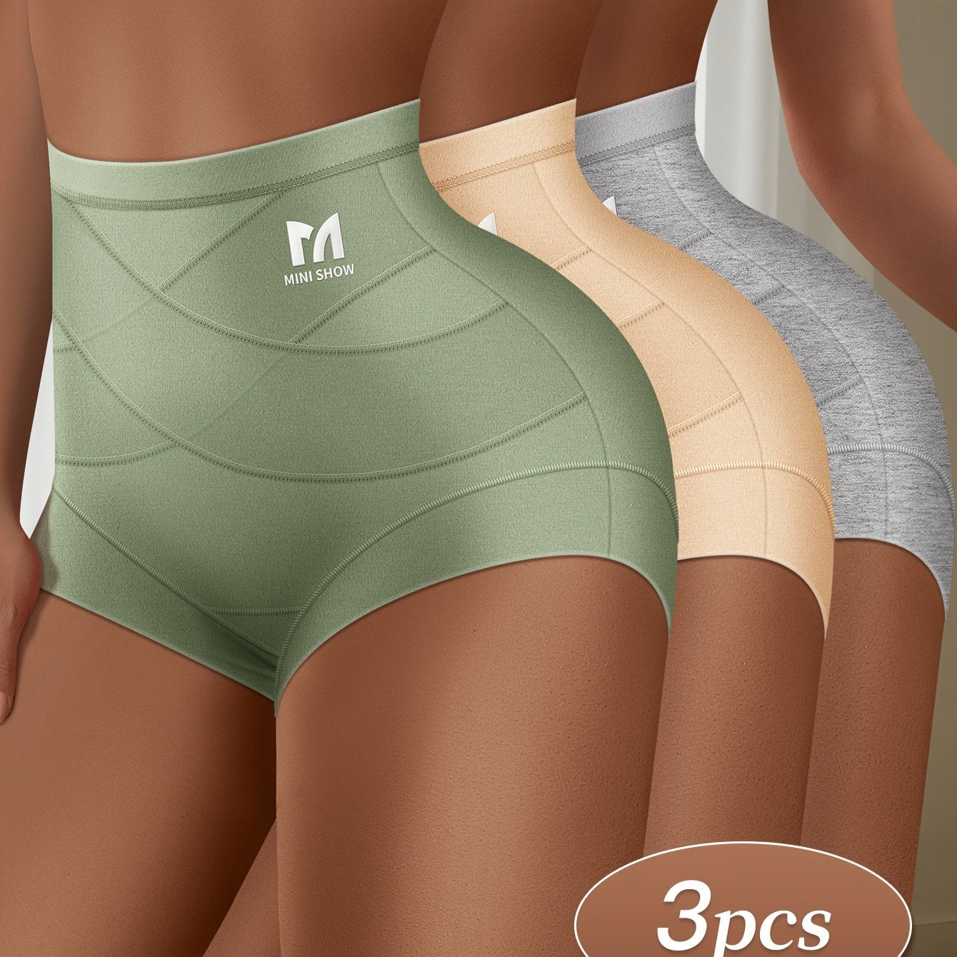 3pcs Women'S High-Waist Tummy Control Briefs - Green, Beige, Light Gray - Breathable & Comfortable with Ribbed Texture for Posture Support & Belly Control, High Waisted Leggings, Posture Support Underwear, Sleek Underwear Des