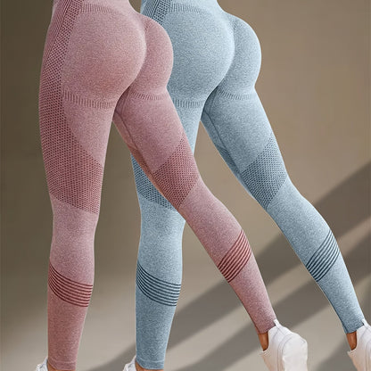 2pcs Solid Color Fitness Yoga Sports Leggings, High Stretch Tummy Control Yoga Leggings, Women's Activewear