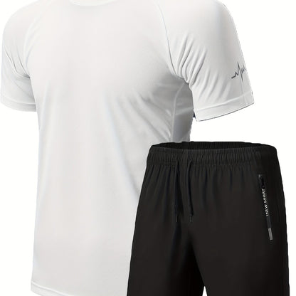 Men's 2Pcs Outfit, Solid Workout Short Sleeve T-shirt & Drawstring Shorts For Basketball Football Exercise Training Running Gym