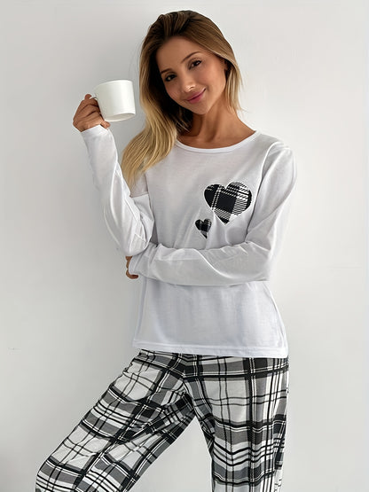 Women'S Cozy Plaid Pajama Set with Heart Print - Long Sleeve Crew Neck Top & Matching Pants, Soft & Comfortable for Fall/Winter, Casual Sleepwear, Casual Sleepwear|Plaid Pattern|Soft Fabric