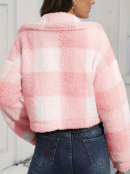 Plaid Teddy Coat, Casual Button Front Long Sleeve Winter Warm Outerwear, Women's Clothing