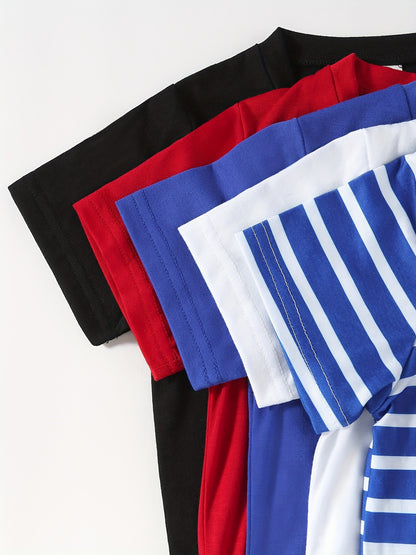 5pcs Solid Color & Striped Round Neck T-shirt Tees Tops Casual Soft Comfortable, Boys And Girls Summer Clothes