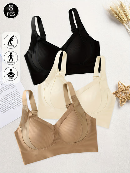 3pcs Women'S Seamless Sports Bras, Wire-Free Push-Up Bra with Full Coverage Back, Smooth and Sexy Underwear for Gym, Yoga, and Casual Wear, Yoga Apparel, Vneck Design, Medium Elasticity, Wireless Bra For Women, Freedaily, Spo